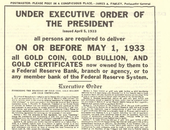 1933: Accumulation of Gold Coins Prohibited in the USA